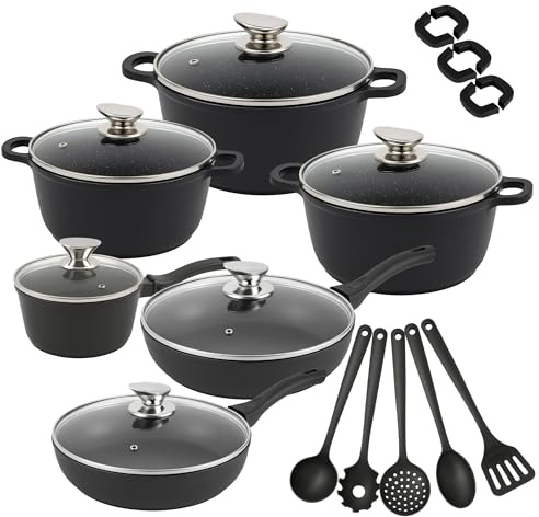 Set di Pentole 23 Pezzi Antiaderente con Coperchi in Vetro – Batteria di Pentole e Padelle con Manici Removibili, Mestoli e Accessori in Silicone – Adatte a Tutti i Piani di Cottura, Induzione Inclusa