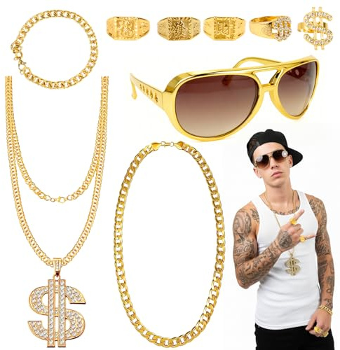 9 Stück Zuhälter Kostüm, 80/90er Jahre Hip Hop Gangster Rapper Kostüm | Gangster Gang Sonnenbrille/Zuhälter Goldkette/Dollar Ring/Goldenes Armband für Karneval Fasching Mottoparty