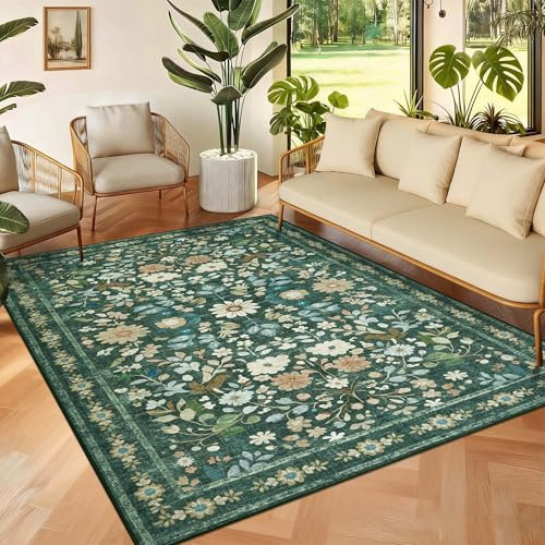 Homcomodar Washable Rugs Living Room 120x170cm Green Rugs for Bedroom Vintage Boho Rug Non Slip Low Pile Floral Area Rug Soft Carpets for Living Room Kids Nursery Office Dining Kitchen Decor