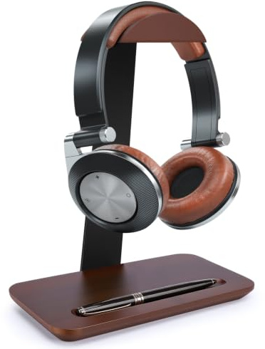 exsulity Headphone Stand, Wood Headset Stand for Desk, Universal Headphone Holder with Storage Base for Gaming, Present Idea for Men and Game Room Decor (Walnut, single)