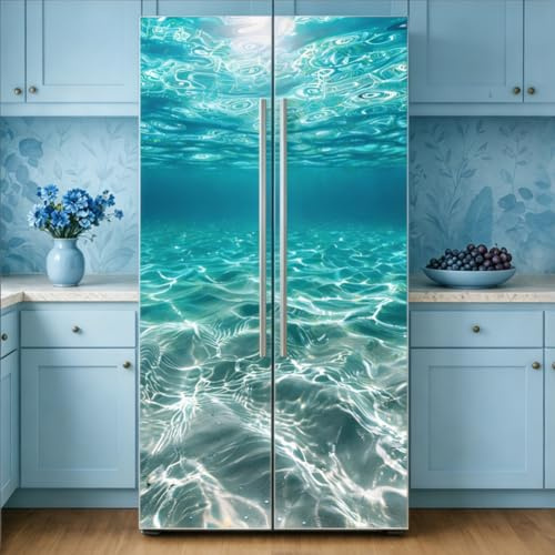 GOMAKERER 2 Sheets Seabed Scenery Fridge Door Stickers, 3D Underwater View Self-Adhesive Removable Refrigerator Door Mural Wraps for Home Kitchen Bar Decor, 200x41.5cm