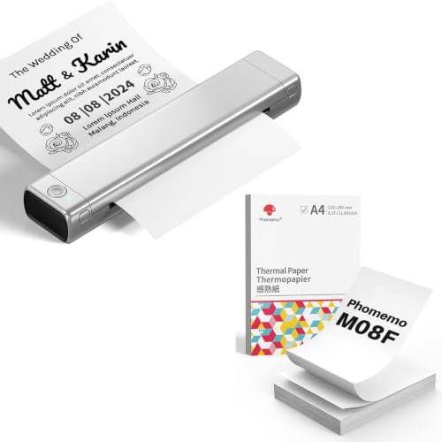 Phomemo M08F A4 Tragbarer Drucker Silber Schwarz mit 200 Blatt Gefaltetem A4 Thermopapier, kabelloser Bluetooth Mobildrucker für Reisen, Auto, Büro und Zuhause