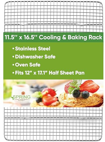 Spring Chef 11.5 x 16.5 Stainless Steel Cookie Cooling Rack - Oven Safe - Baking Rack for Bacon, BBQ, Jerky, Bread, Pizza, Cake - Fits Half Sheet Roasting Pan - Dishwasher Safe