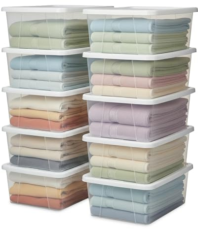 HOMZ 10-Pack Snaplock, Small Clear Plastic Storage Organizer Bins w/ Lids, 6 Quart, White - Stackable Container Boxes for Bedroom, Bathroom, Garage, and Office Organization