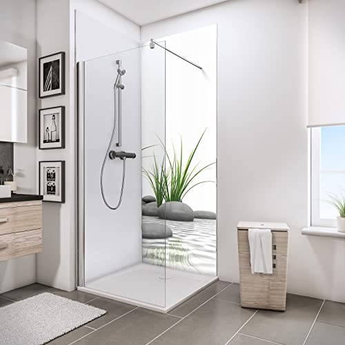 Schulte lot 2 panneaux muraux 90x210 cm + 3 profilés (2x finition, 1x angle intérieur), revêtement salle de bain, épaisseur 3 mm, motif pierres zen et herbes + blanc, avec des cales