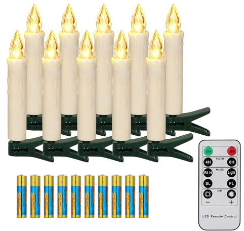 FREEPOWER 10 Bougies LED Sapin de Noël sans Fil avec Télécommande Minuterie Flamme Vacillante, Blanc Chaud, Dimmable, Intérieur étanches extérieur Décoration（Inclut 10 piles）