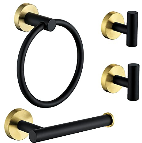 Ntipox - Juego de Accesorios de baño de Acero Inoxidable de 4 Piezas, toallero de aro para Toalla de Mano, portarrollos para Papel higiénico y 2 Ganchos para Albornoces, Negro Mate y Dorado Cepillado