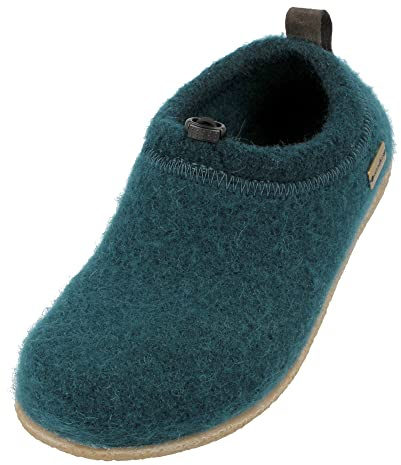 HAFLINGER Guido Walktygtofflor med elastiskt band, TR-gummisula och utbytbar fotbädd unisex, Garngrön, 42 EU