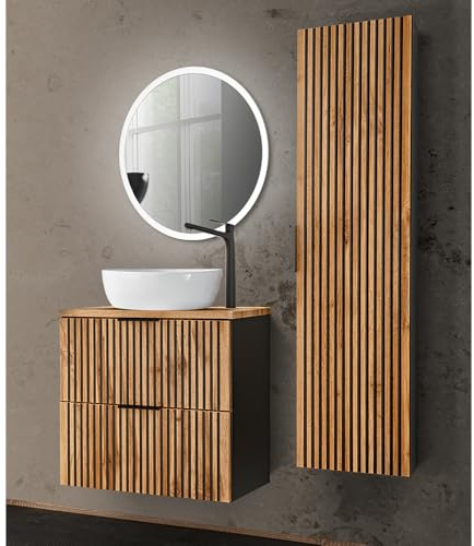 Lomadox Badmöbel Set 3-teilig anthrazit Eiche Nb. schwarz gerillt, Waschtisch mit Unterschrank 60 cm, Keramik Aufsatzwaschbecken, LED Spiegel, Hochschrank