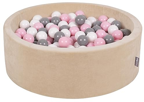 KiddyMoon Rund Bällebad Velvet Bällepool 90X30cm/200 Bälle ∅ 7Cm Ballgruben Für Babys Spielbad Kleinkinder, Hergestellt In EU, Sandbeige: Weiß/Grau/Puderrosa