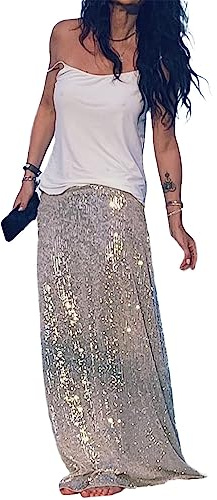 Achlibe Damen Pailletten Lange Röcke Niedrige Taille Party Röcke Frühling Sommer Casual Röcke Y2K Streetwear Sparkly Rock