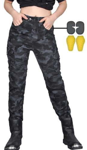 CBBI-WCCB Donna Moto Jeans Motociclette Pantaloni con Fodera Protettiva Motorcycle Pants (IT, Misura del girovita & Misura del Cavallo, 30, 31, Blu Mimetico)