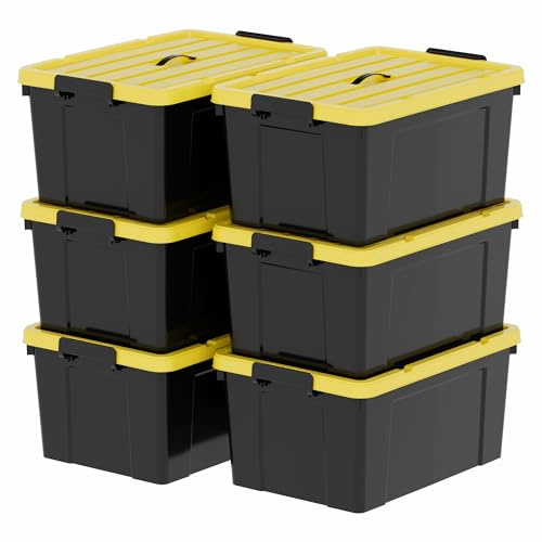 Cetomo Förvaringslåda i plast med lock, handtag och spärrspännen för verktyg utomhus trädgård garage hem, hållbar, kraftig, stapelbar, kapsling, svart och gul, 65 L (6-pack)