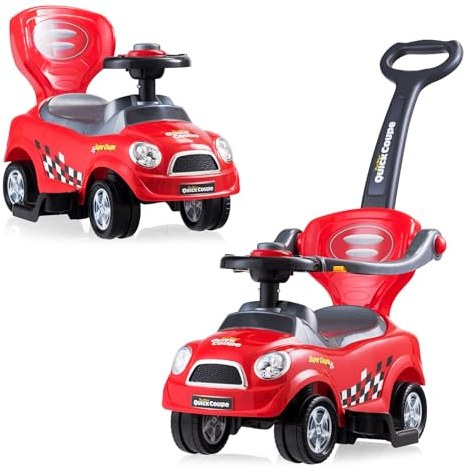 COSTWAY 3 en 1 Coche de Empuje Infantil, Coche para Niños de Pie con Barandillas Desmontables y Asa, Bocina, Espacio de Almacenamiento Oculto y Diseño Antivuelco para Niños de 2 a 6 Años (Rojo)