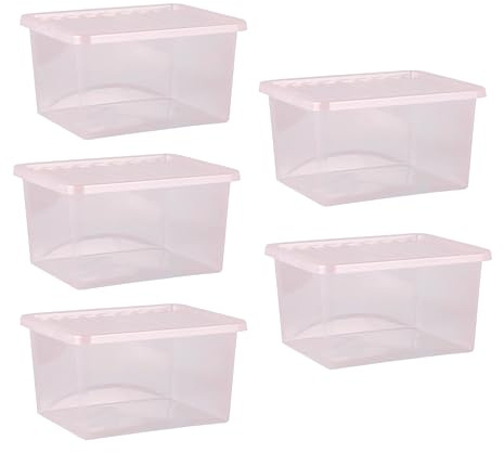 Homey Mart 5-Pack x 30L Stackable Storage Boxes with Lids – Clear Plastic Crystal Containers – Medium Storage Bins for Home, Office & Toys – Click Lid – Made in UK – Dusky Orchid Pink