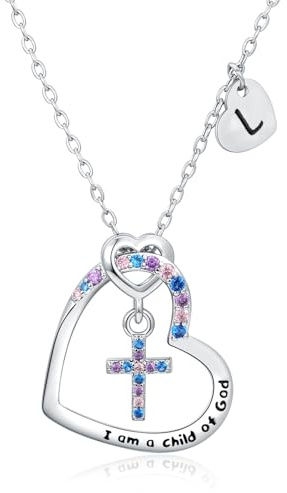 Cross Necklace for Girls | I am a child of God Necklace for Girls | Heart Letter initial | 18K White Gold Plated Pendant Jewelry First Communion Baptism Gifts Christmas Birthday Gifts for Girl Women (Letter-L)