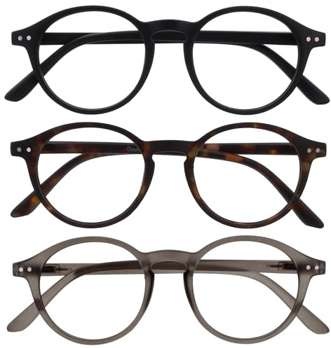 OPULIZE REY Reading Glasses - 3-Pack - Retro Round Frame - Matt Black, Brown Tortoiseshell, Grey - Mens Womens - Spring Hinges - RRR56-127 - +1.50