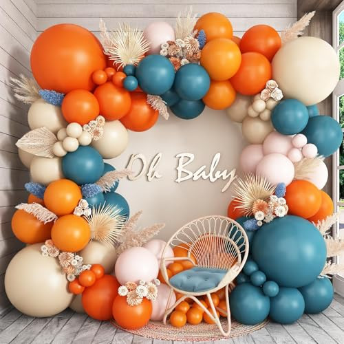 Kit de arco de globos doble relleno azul polvoriento naranja, guirnalda de globos neutra boho naranja quemado terracota telón oscuro turquesa arena blanca globos de látex para decoraciones de bodas