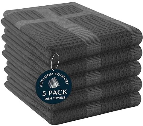 HEIRLOOM COMFORT Waffle Weave Kitchen Towels with Hanging Loop, 5 Pack, 100% Cotton, 40x66 cm, Super Absorbent, Fast Drying Dishcloth Set, Soft for Cleaning Dishes, Hand Towel, Durable, Dark Grey