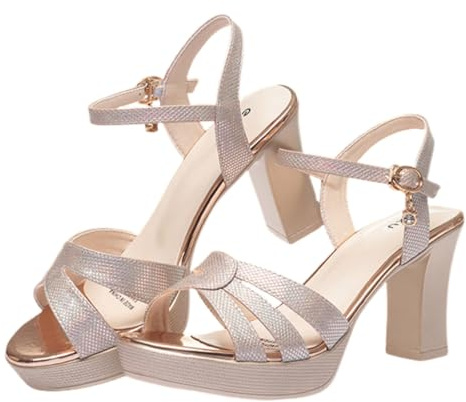 Surwin Sandales Femme Talon Été, Sandalette Talon Chunky Plateforme Femme Confortable mit Bride Cheville EU 35-40 Sandales Mode Bout Ouvert 8cm Sandalette Élégante pour Fête (Couleur Champagne,38)
