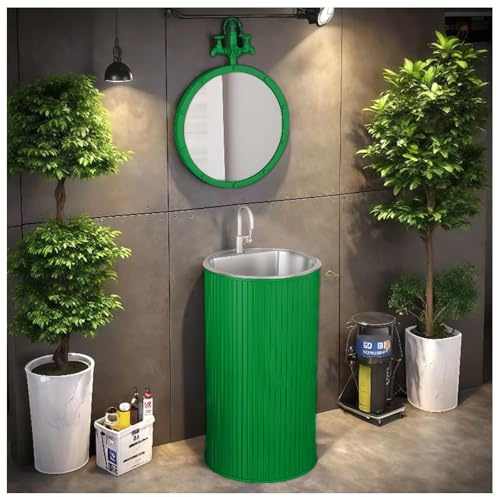 ZTGL Pedestal Basin Sink Bathroom, Free Standing Bathroom Sink Wash Basin, Industrial Style Pedestal Vanity Units, One Piece Modern Floor Standing Vanity Sinks with Drain Kit J, With Mirror