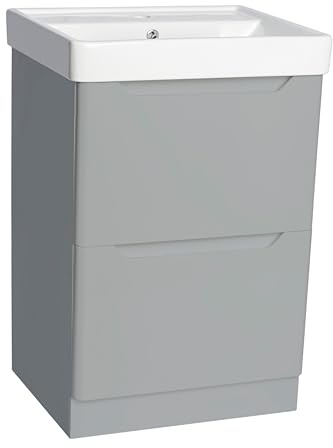 VR PVC Waterproof Bathroom Vanity Unit with Basin – 2 Drawer Sink Cabinet with 1 Tap Hole – Modern Wall Hung/Floor Standing Storage – Compact Design for Small Bathrooms (Light Grey, 600mm Wide)