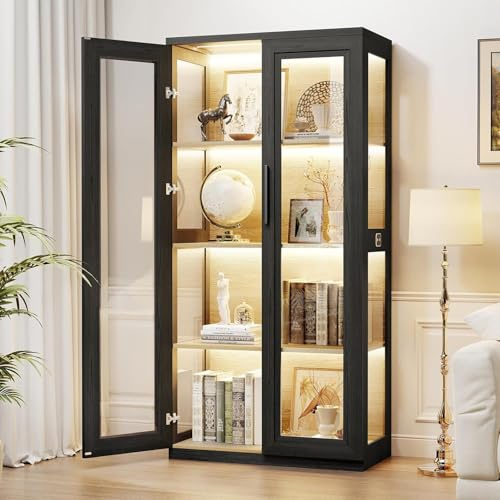 BROTTAR Glasvitrine mit 3-Farben LED-Beuleuchtung und Körpersensor, 4-stöckiger Bücherschrank mit Glastüren für Sammlerstücke, für Wohnzimmer oder Arbeitszimmer, Schwarz (80 x 40 x 165cm)