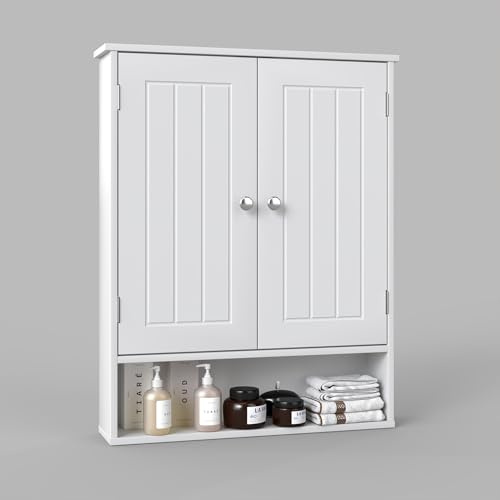 Gdchanyiyi Bathroom cabinet, wooden bathroom cabinet with 1 open shelf, upper storage cabinet with 2 adjustable shelves, laundry room, white