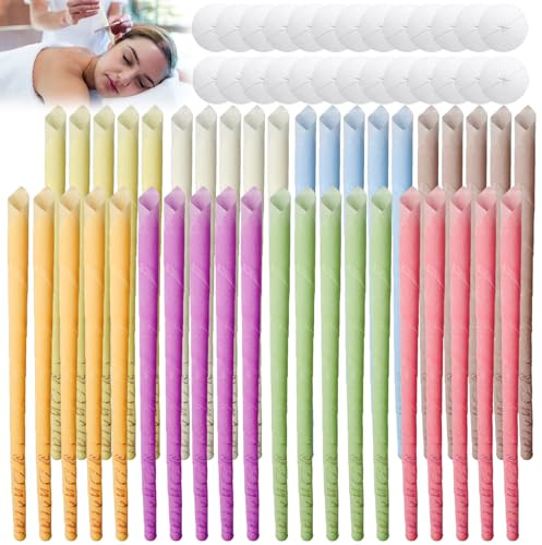 Juego de 100 velas para los oídos, cera de abeja, velas para los oídos, naturales, no tóxicas, cilíndricas con arandelas protectoras para limpiar las orejas (color aleatorio)