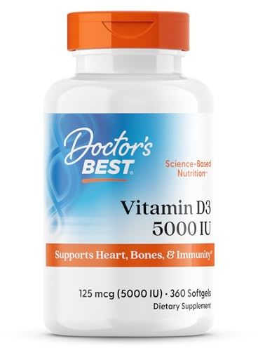Doctor's Best Vitamin D3 5000 IU Softgels for Men & Women - Vitamin D Supplement for Immune System & Heart Health Support, 125 mcg per Serving, VIT D 3, Non GMO, Gluten Free, Soy Free - 360 Softgels