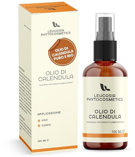 Leucosia Olio di Calendula Puro Biologico 100 ml, Lenitivo Naturale per Pelli Sensibili, Secche o Irritate, per Corpo, Viso, Massaggi e Neonati, Oleolito di Calendula Naturale Vegan Eco-Friendly