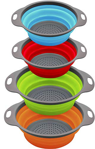 QiMH Collapsible Colander and Strainer Set of 4, 2 PC 4 Quart(1 gal) and 2 PC 2 Quart(0.5 gal), Food-grade Sturdy Plastic Base - Round Space-save Silicone Kitchen Foldable Strainer for Pasta, Veggies