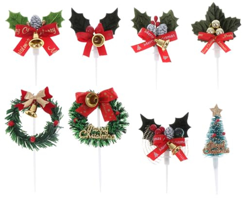 LIOOBO Christmas Cake Decorations: Xmas Cake Decorations Christmas Cake Topper (8 Piece Set) Contains Wreath, Tree Cupcake Topper (Random Combination)