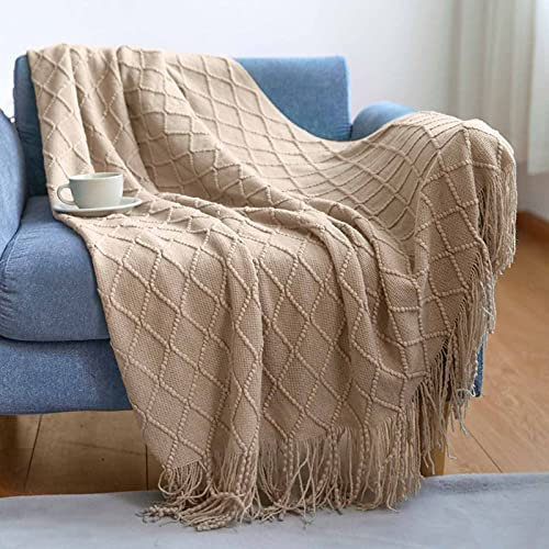 LumiSyne Manta De Punto con Flecos Color Sólido Borlas Clásica Diseño con Motivos Geométricos Comoda Suave Cubresofa Cubrecama Manta Cubrecama Decorativa para Sofá Cama 170x130cm