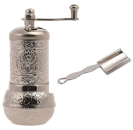 Acar - Molinillo de pimienta turco, molinillo de pimienta negra con cuchara medidora, molinillo de especias recargable con mango de manivela (plateado)