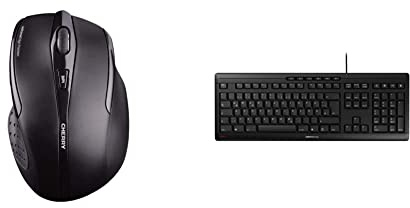 CHERRY MW 3000, kabellose Maus, ergonomische Rechtshändermaus, 6 Tasten-Maus schwarz & Stream Keyboard, Deutsches Layout, QWERTZ Tastatur, kabelgebundene Tastatur, schwarz