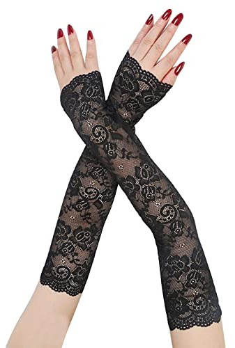 Suxgumoe Lace Gloves for Women, Floral Ladies Long Fingerless Gloves UV Protection Lace Arm Sleeves Summer Driving Gloves for Halloween Wedding Prom Opera Tea Party