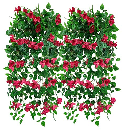 Magrowie Pack of 4pcs Artificial Hanging Bougainvillea Silk Plastic Flower Vines Faux Plant for Indoor Outdoor Home Farmhouse Garden Porch Eave Wall Fence Wedding Party Decor (Fuchsia)