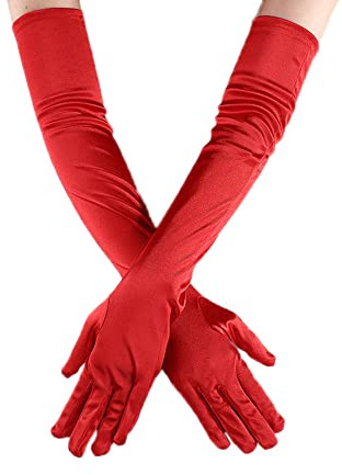Duories Classic Damen Handschuhe Lange, Elastisch Elegant 1920er Stil Abendhandschuh Satin Handschuhe, Gothic Opera Fest Party Hochzeit Braut Handschuhe für Festlich Faschingskostüme Karneval,Rot