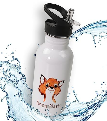 timalo® Trinkflasche für Kinder personalisiert mit Namen | auslaufsichere Edelstahl Sportflasche Kindergarten mit Tieren Geschenk für Jungen und Mädchen 400mL | 13-Fuchs