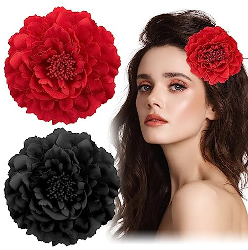 BOFUNX 2 Stücke Blumen Haarspangen Haarclip Rot Schwarz Blume Brosche Haarschmuck Haarnadeln Haarklammer für Party Hochzeit Halloween Karneval Maskerade Make up