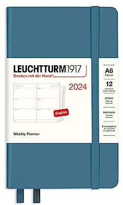 LEUCHTTURM1917 367636 Wochenkalender Pocket (A6) 2024, 12 Monate, Stone Blue, Englisch