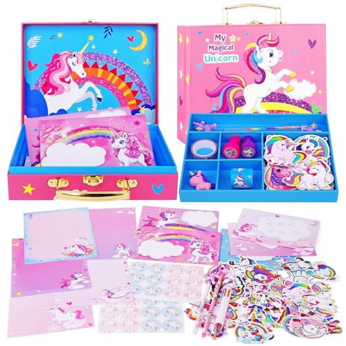 TCJJ 112 Pcs Einhorn Schreibwaren Set, Briefschreib und Bastelset mit Hübschen Einhorn Koffer für Mädchen im Alter von 5-12 Jahren, Schreibsets für Mädchen,Geschenk für Geburtstag und Weihnachten