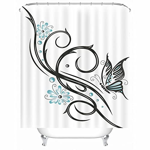 Skcess Duschvorhang Textil Weiß, Polyester Duschvorhang Wasserdicht Schmetterlingsblume Anti Schimmel Duschvorhang 90x180CM