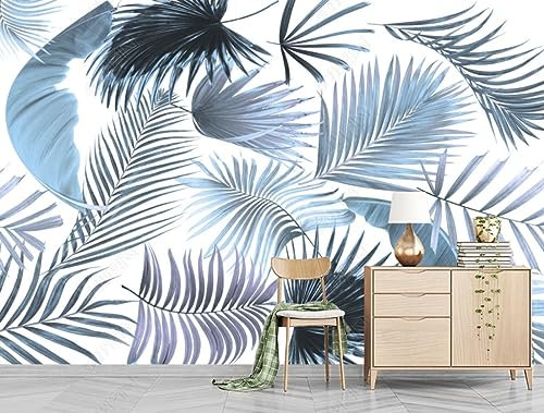 Papier Peint Intissé Feuille Bananier Bleu Sur Fond Blanc Poster Tableaux Muraux Tapisserie Photo Trompe L'Oeil Salon Chambre Décoration Murale 450Cm(W)*315Cm(H)