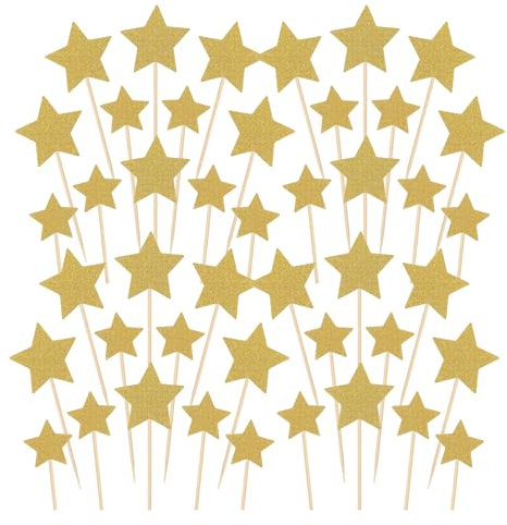 JEKUGOT 100 Pcs Gold Glitter Star Cupcake Toppers Set for Wedding, Engagement, Bridal Shower, Birthday Party Birthday Party Cake Decorations Supplies