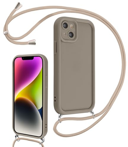 Coalbooliy Coque pour iPhone 14 6,1 avec Cordon de Collier Réglable, Etui Protection de la Caméra Silicone Souple TPU Antichoc Housse avec Corde Lanyard Cover pour Femmes Filles, Kaki