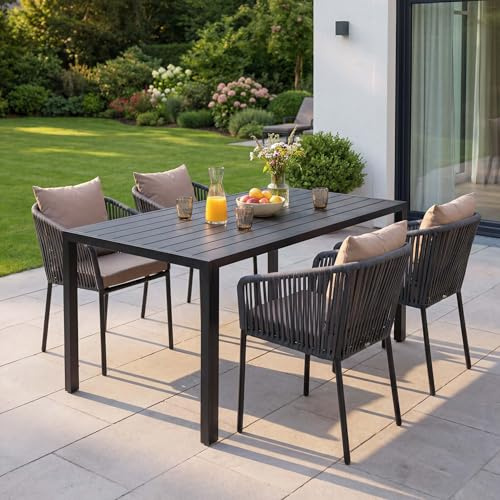 Mendler Gartengarnitur HWC-N41 Tisch+4xStuhl - anthrazit Kissen Taupe | wetterfest, Seilgeflecht, Rope, Alu, 140x80cm