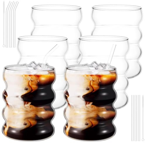 FWEEK 6er Set Gerippte Gläser Set, Bubble Gläser Set mit Glas Strohhalm, 350ml Gerippte Trinkgläser mit Glasstrohhalme, Tumbler Glasbecher für Cocktail, Wasser, Soda