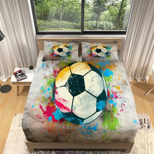 Housse Matelas 160x200 Football De Style Griffonnage Coloré Drap Housse Bonnet 30cm, Microfibre Housse de lit pour Housse Sommier, Linge de lit et Oreillers 65x65cm